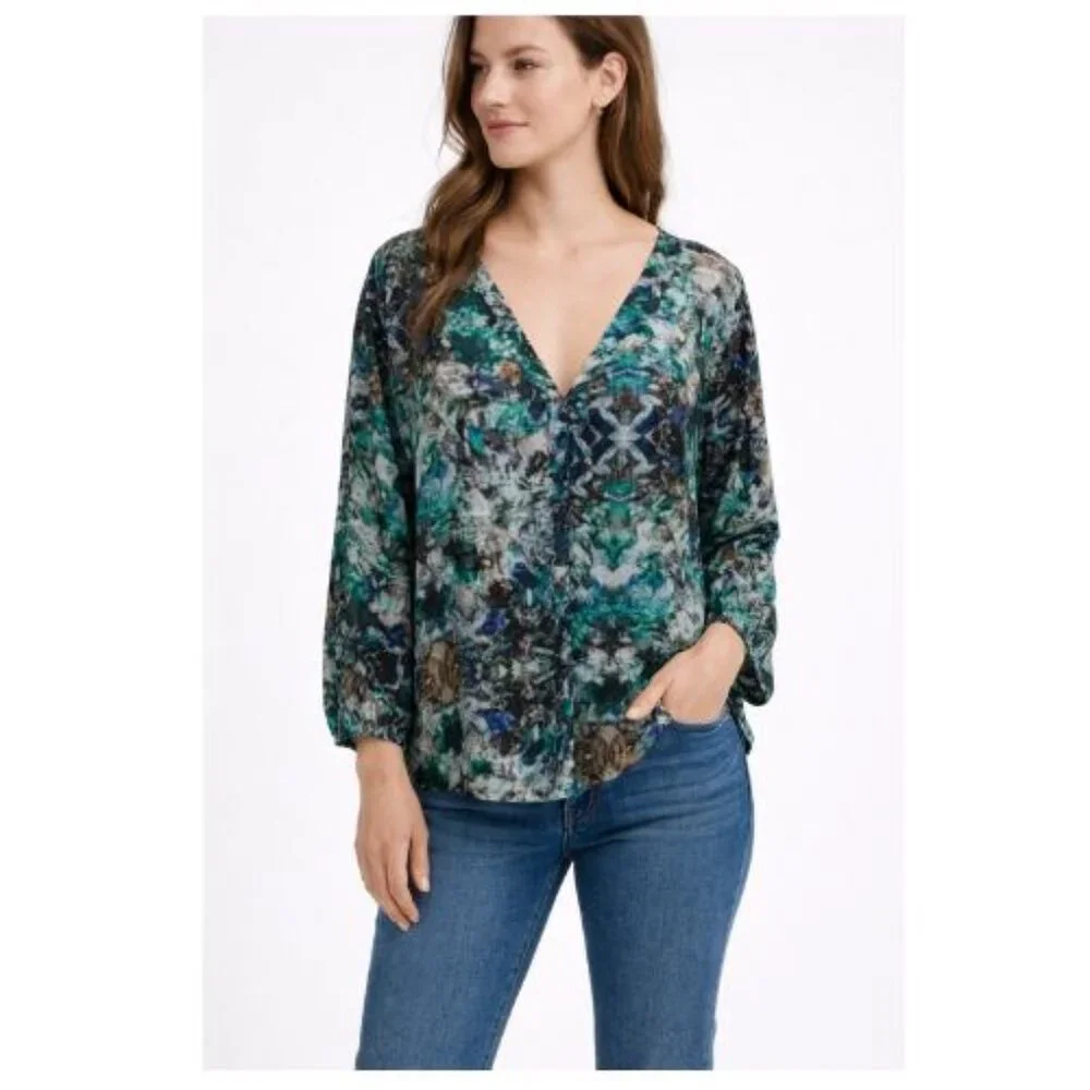 Zara Green Teal Blue Printed V-Neck Blouse - Picture 1 of 15
